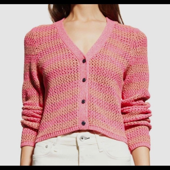Rag & Bone Women's Pink "Carson" Striped Crochet Cardigan Sweater Size L NWT - Picture 3 of 5
